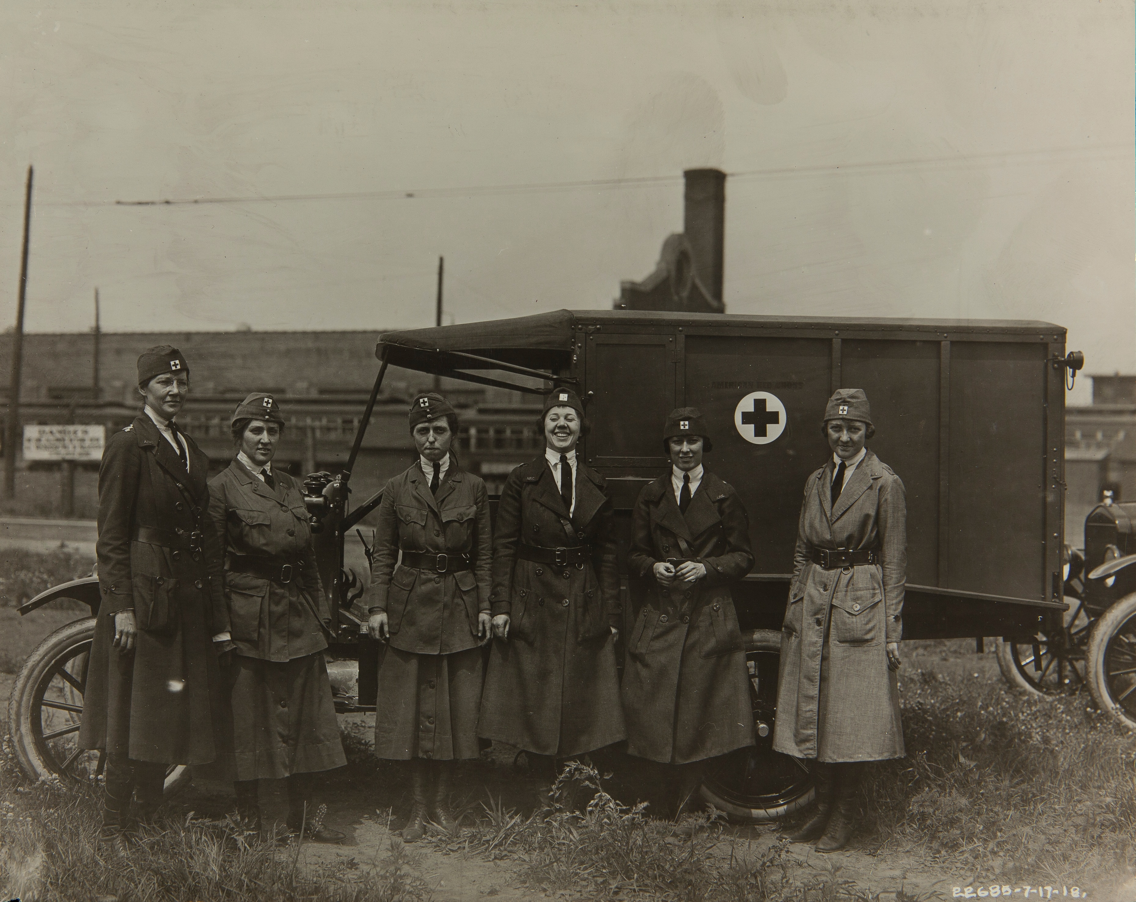 American Red Cross nurses with Model T ambulance